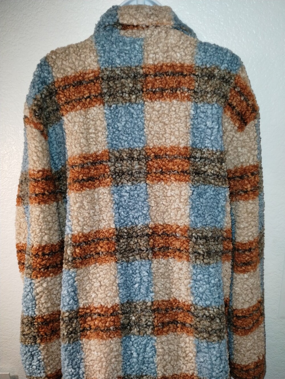 Cozy Plaid Sherpa Long Coat Plaid Blue, Tan & Brown Pockets sz XL - Picture 14 of 17
